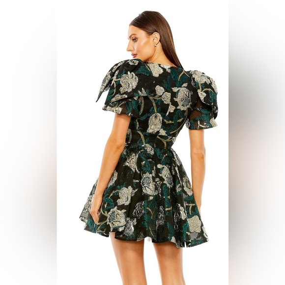 NWT Mac Duggal Bow Shoulders Emerald Brocade V Neck Mini Dress With Pockets XS - Picture 3 of 9